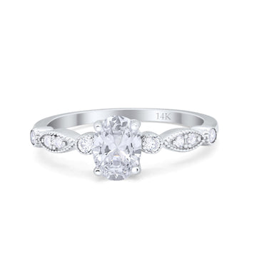 14K White Gold Vintage Style Oval Bridal Wedding Engagement Ring Simulated CZ